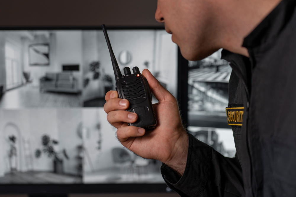 Security guard services in Mississauga monitoring CCTV cameras and communicating via walkie talkie