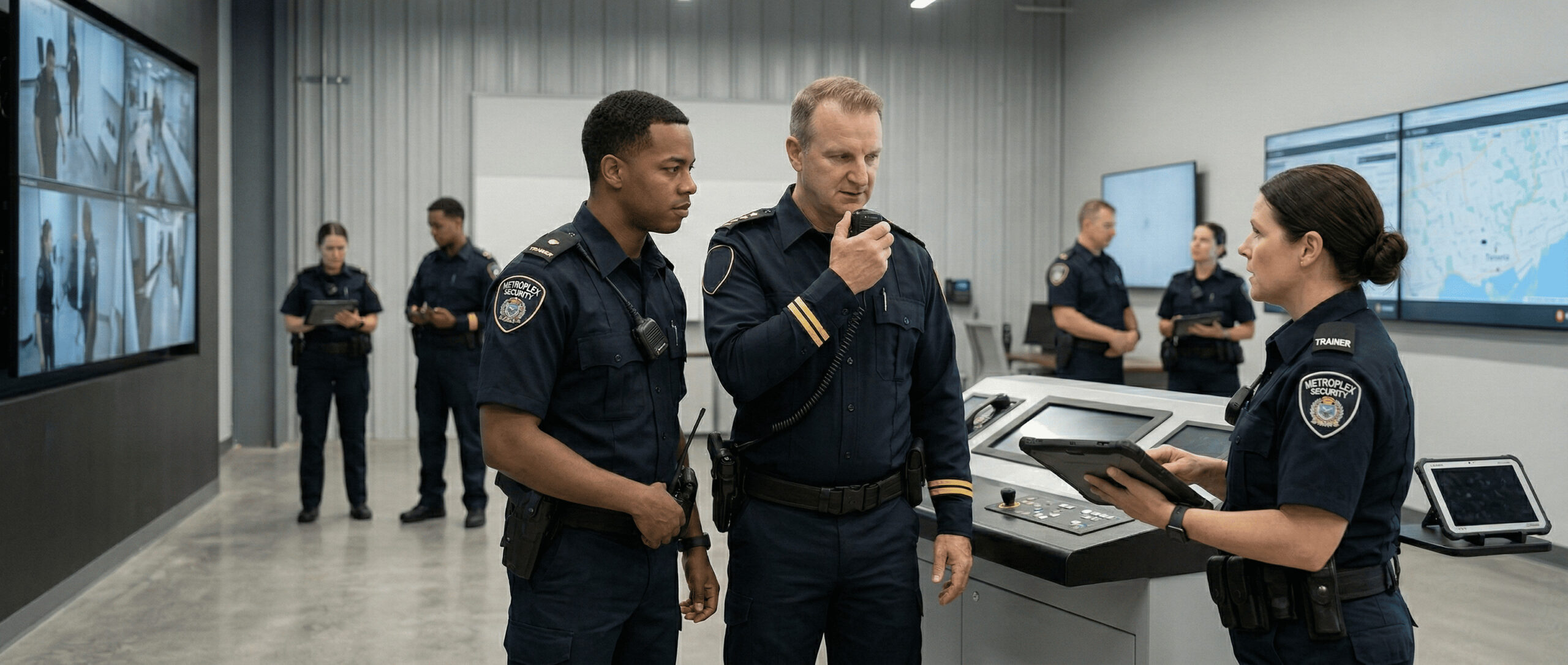 Professional security team in Mississauga coordinating operations in control room