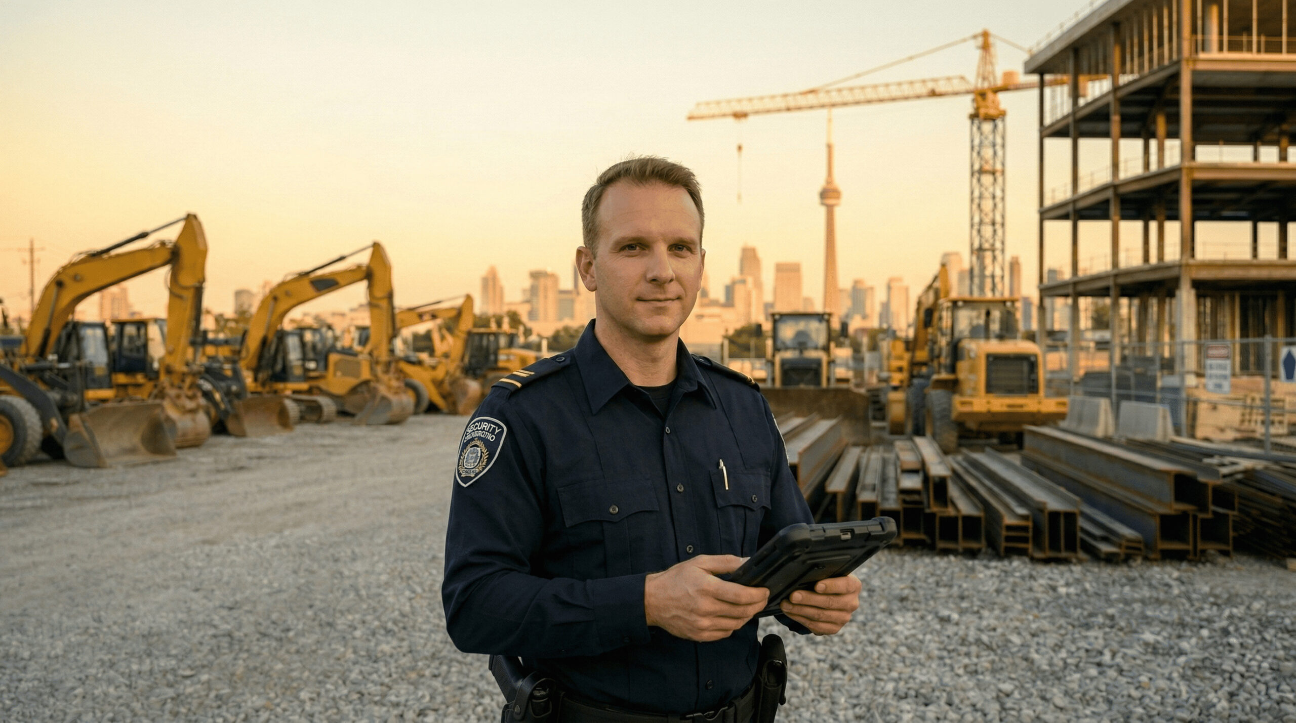 Construction site security services in Mississauga with guard monitoring heavy equipment and site activity