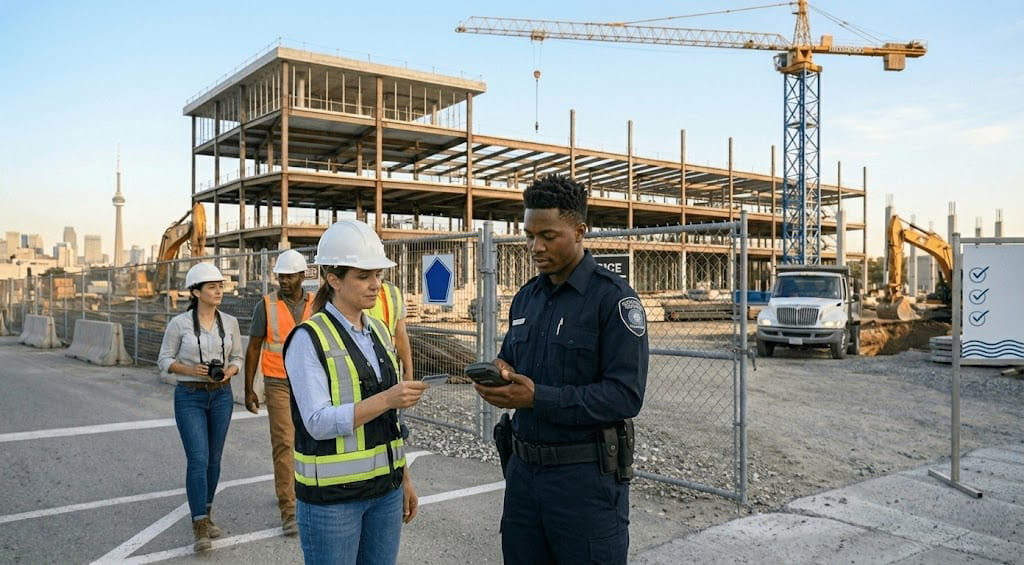 Construction site security services in Mississauga verifying worker access and managing site entry control