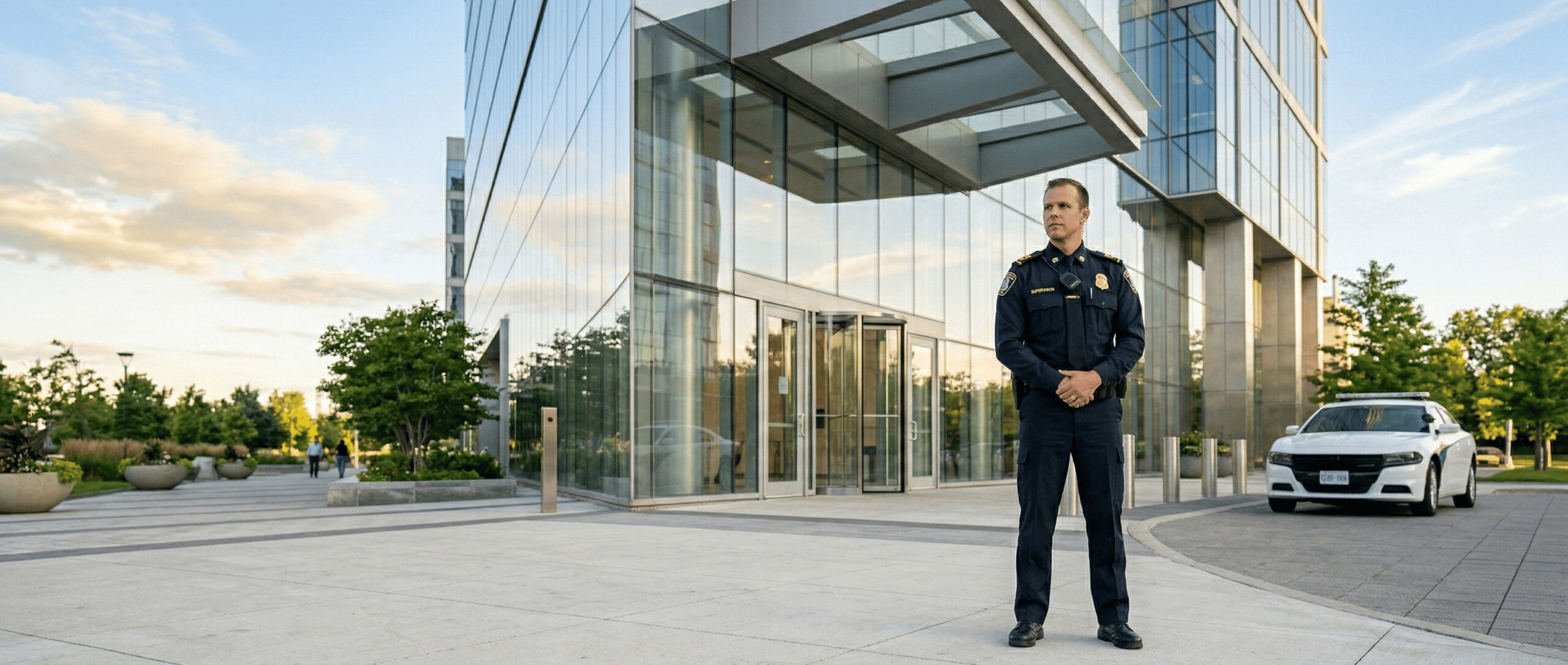 Commercial security guard services in Mississauga ensuring safety at corporate building entrance
