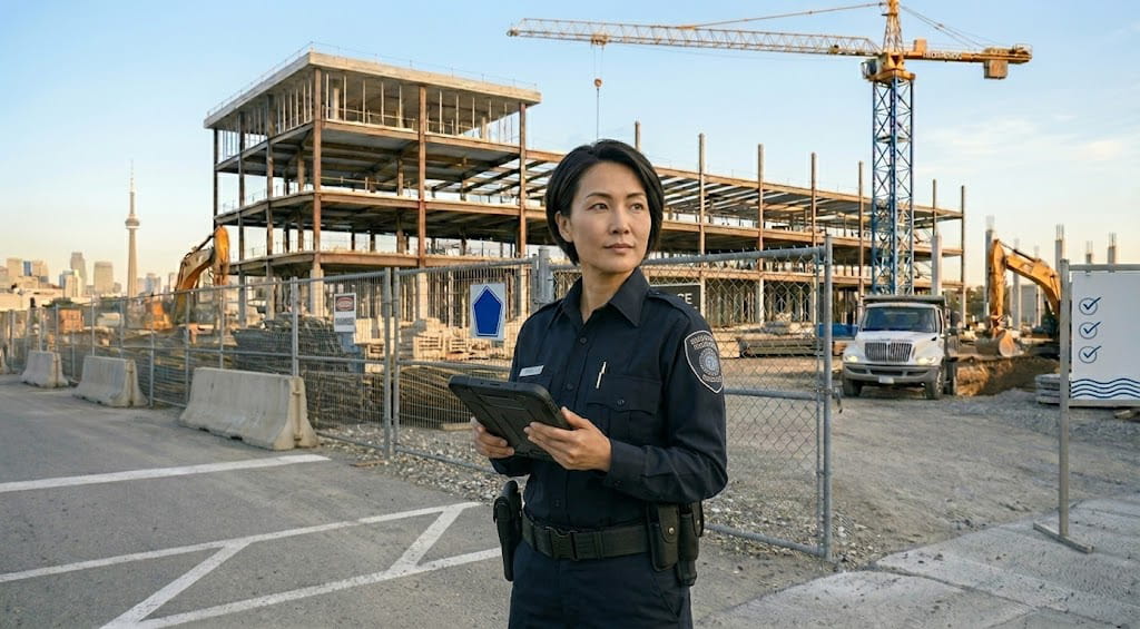 Construction site security services in Mississauga with guard inspecting site using digital monitoring system