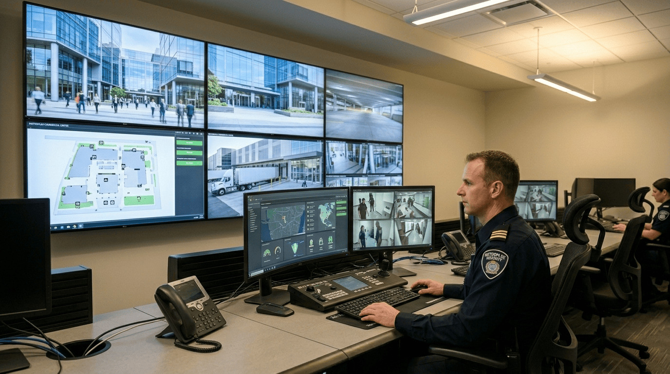 Security guard services in Mississauga monitoring CCTV cameras from advanced surveillance control room