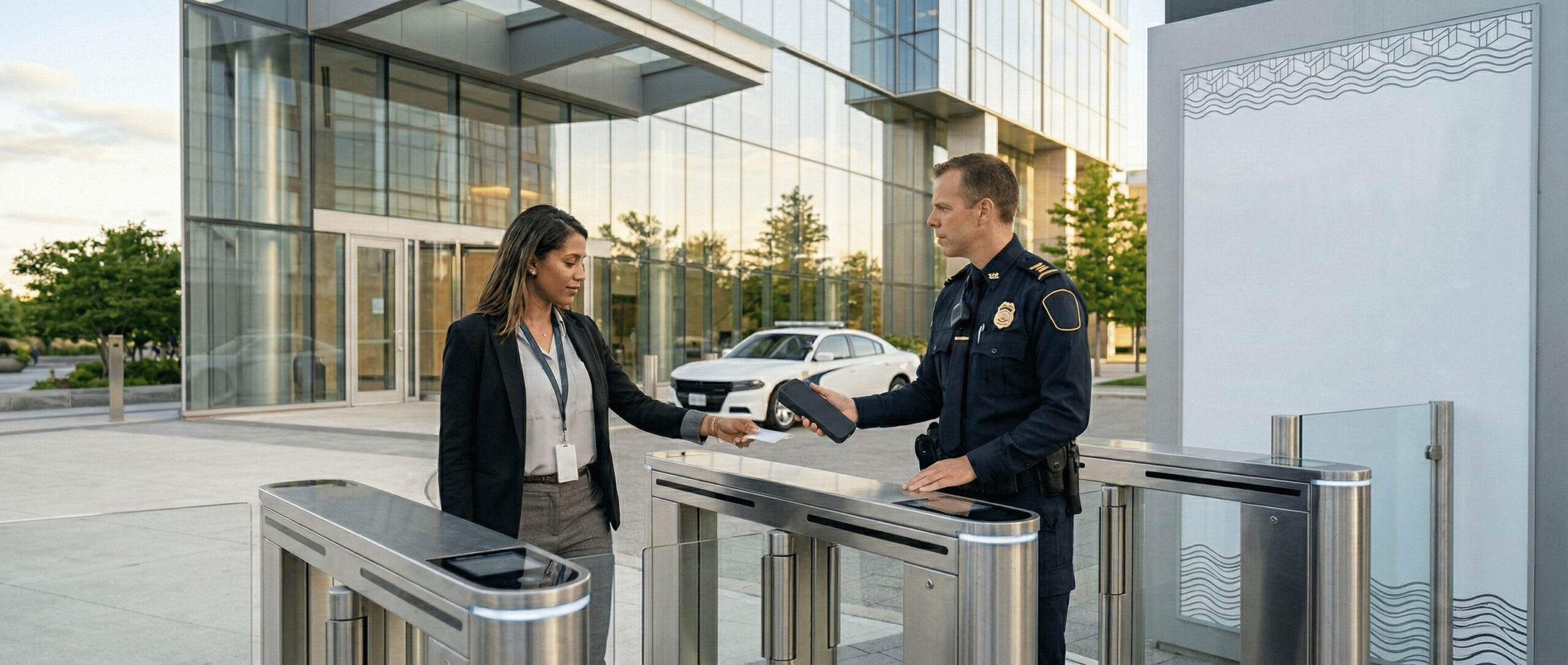 Commercial security guard services in Mississauga managing access control at corporate building entrance