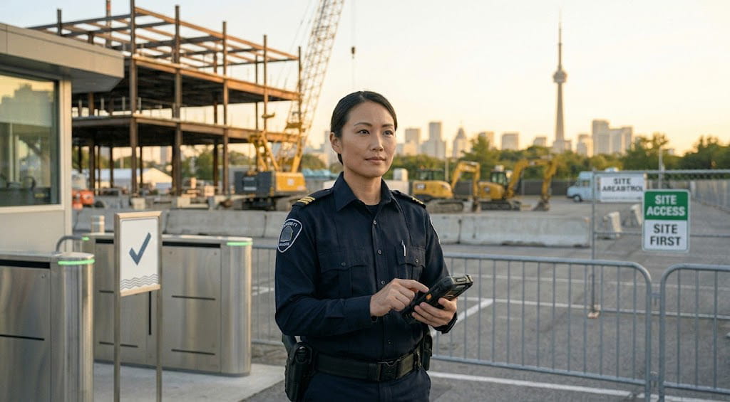 Construction site security services in Mississauga managing access control and digital monitoring at site entrance