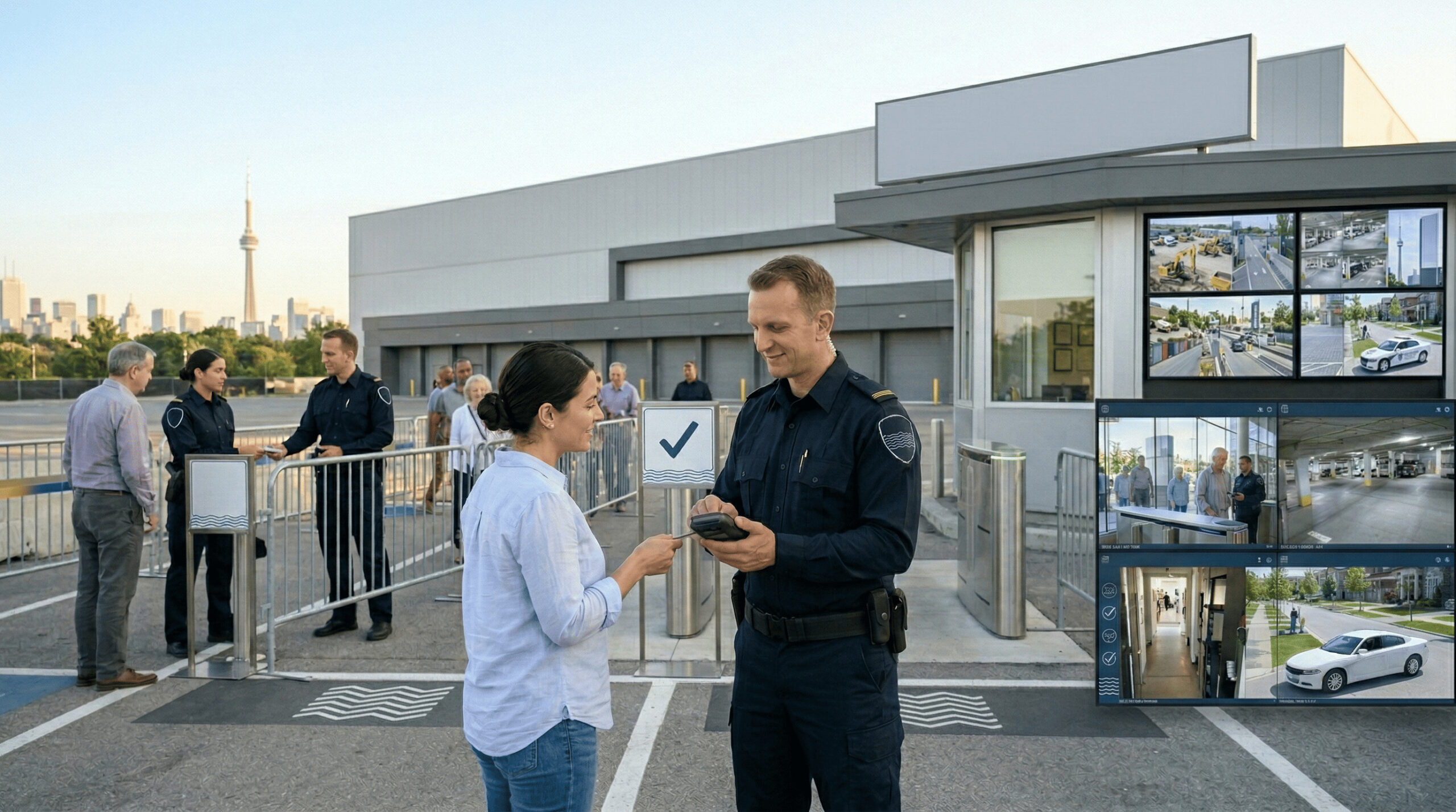 Commercial security guard services in Mississauga managing access control and CCTV surveillance at facility entrance