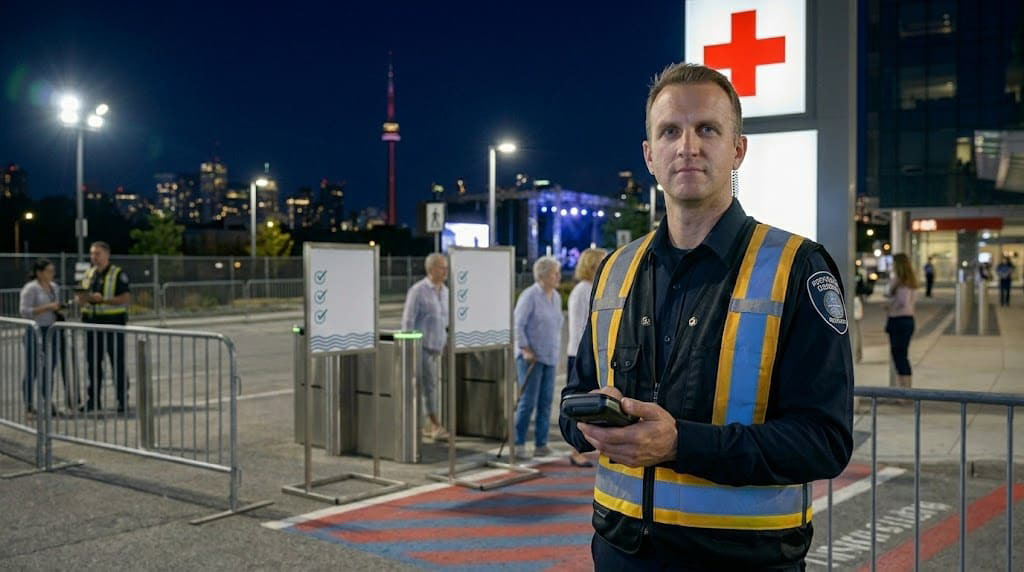 Healthcare facility security services in Mississauga managing access control at hospital entrance during night