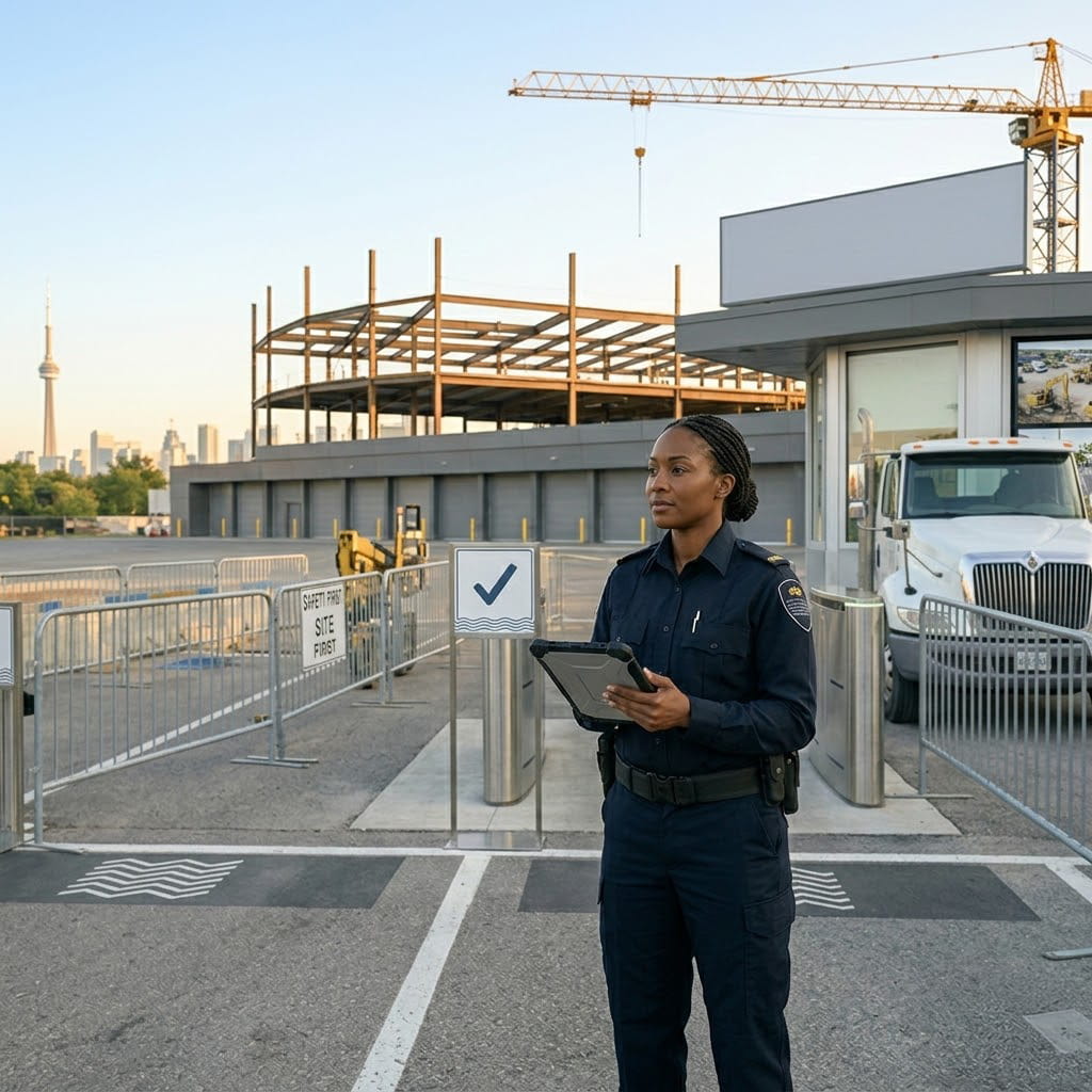 Construction site security services in Mississauga managing access control at site entrance with guard monitoring entry