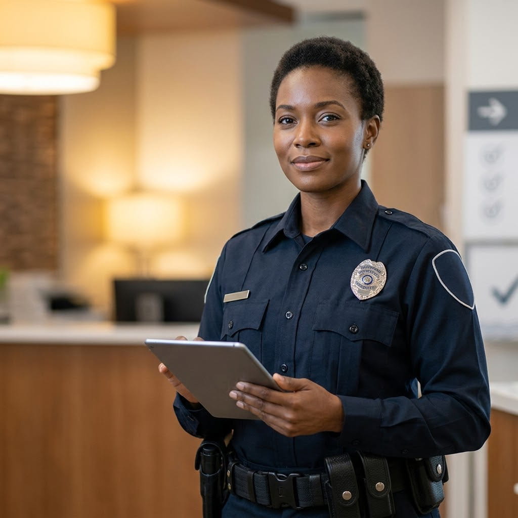 Professional security guard services in Mississauga using tablet for monitoring and reporting