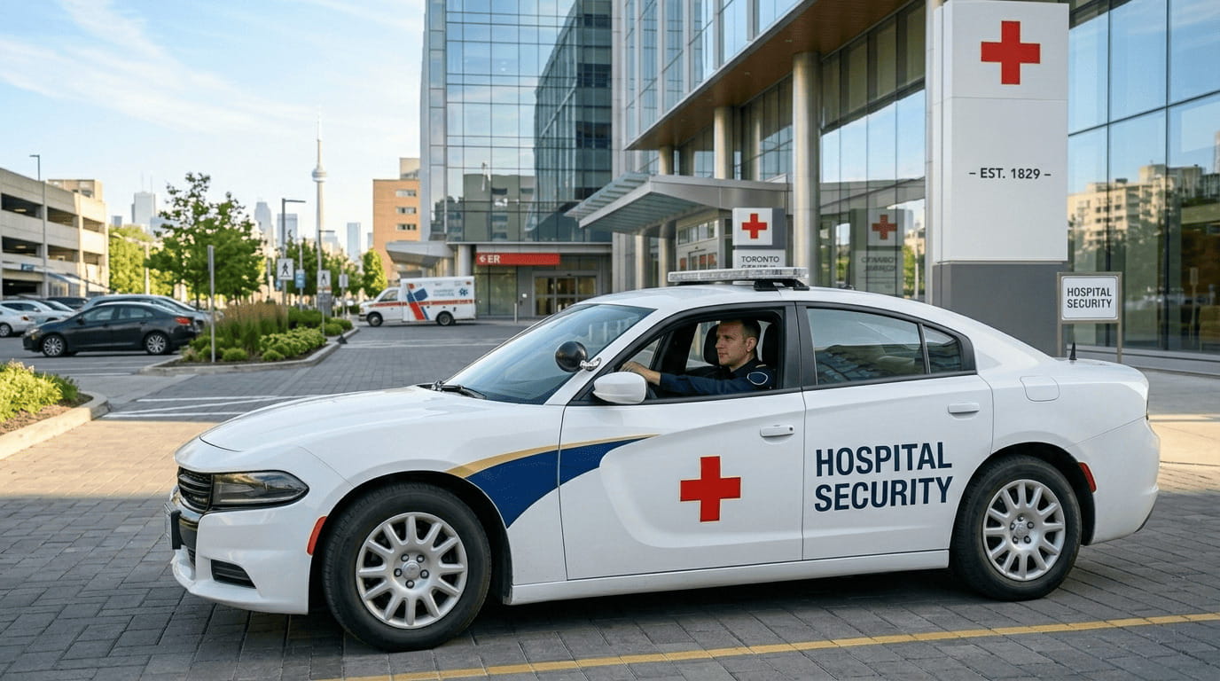 Healthcare facility security services in Mississauga with mobile patrol vehicle monitoring hospital premises