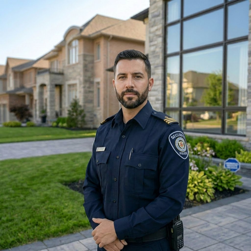 Professional security guard in Mississauga providing residential security services in modern neighborhood